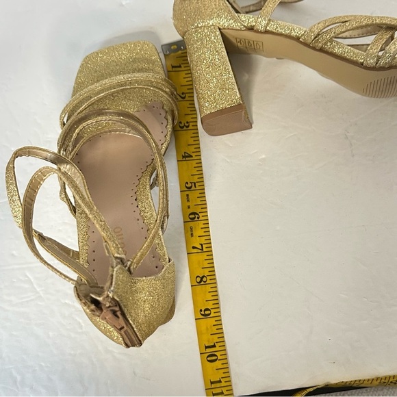 Gold Strappy Block Heel Sandals women size 8 sparkly zipper back 3’ heels party - Picture 5 of 15